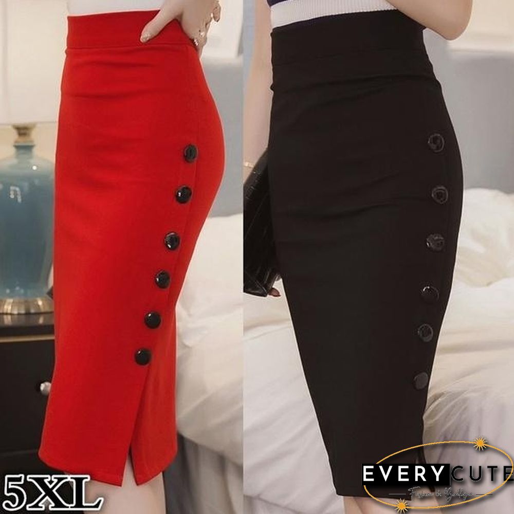 Plus Size New Fashion Women Skirt Midi Skirt Slim Ol Sexy Open Slit Button Slim Pencil Skirt 3775