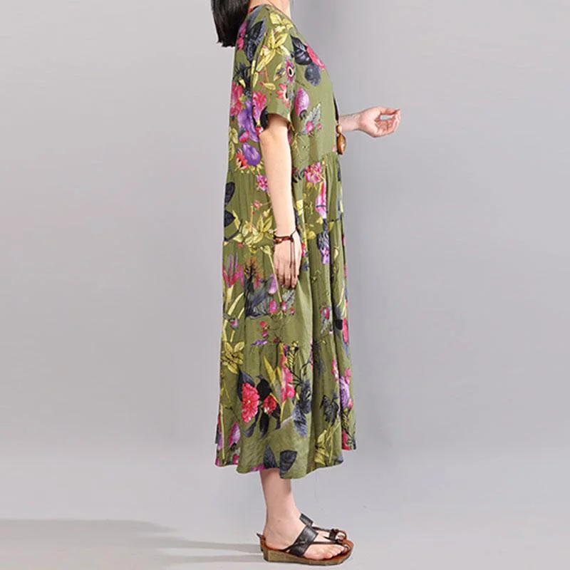 baggy cotton sundress plus size clothing Retro Printed Dresses Summer Short Sleeve Green Dress