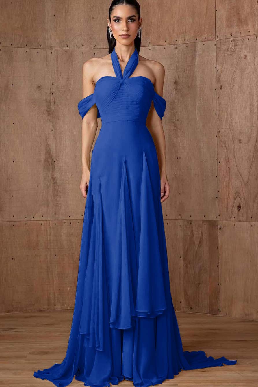 Daffodil Chiffon Halter Off-the-Shoulder Long Pleated Prom Dress