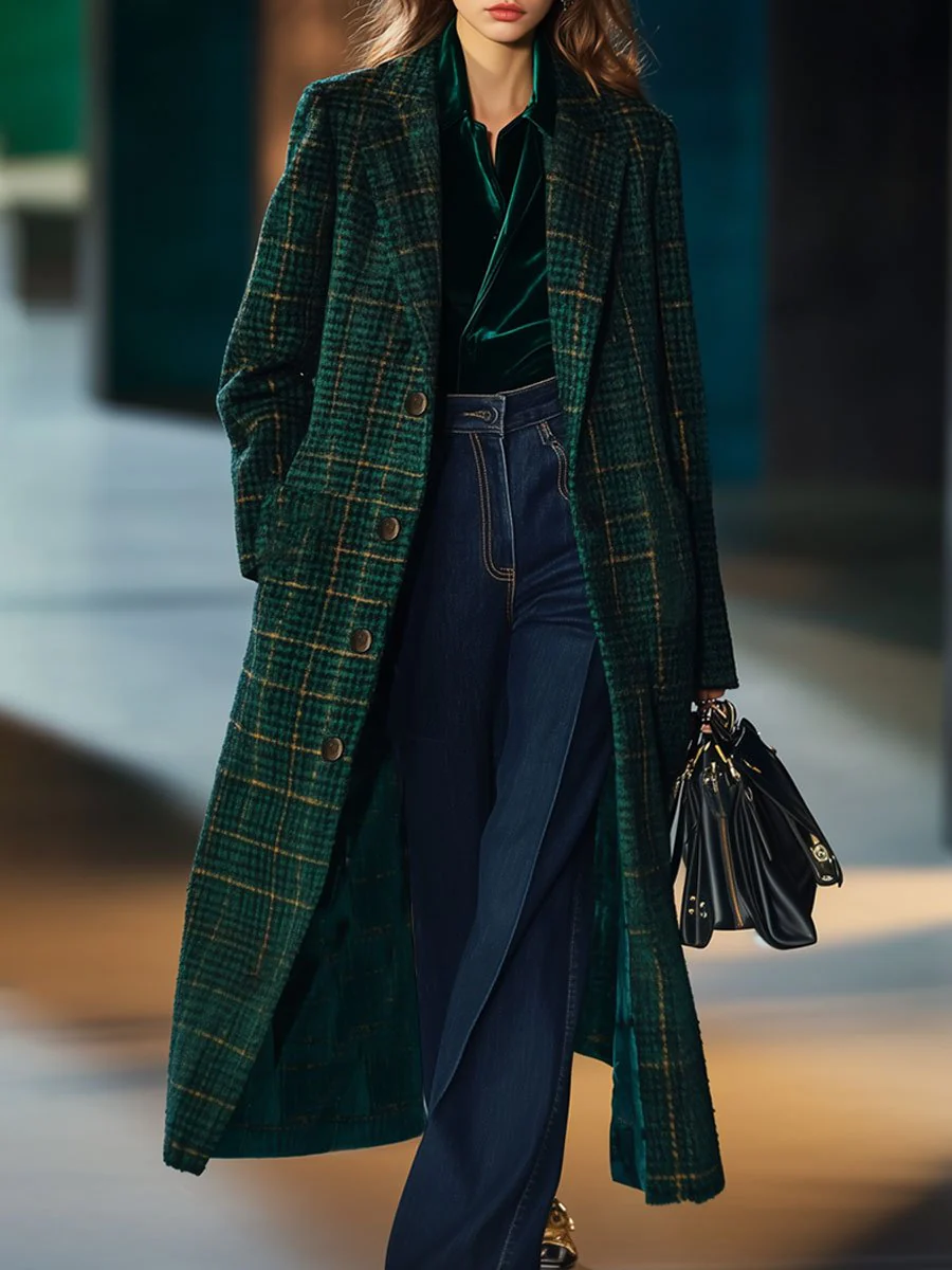 Retro Classic Dark Green Plaid Long Coat mysite idetrend