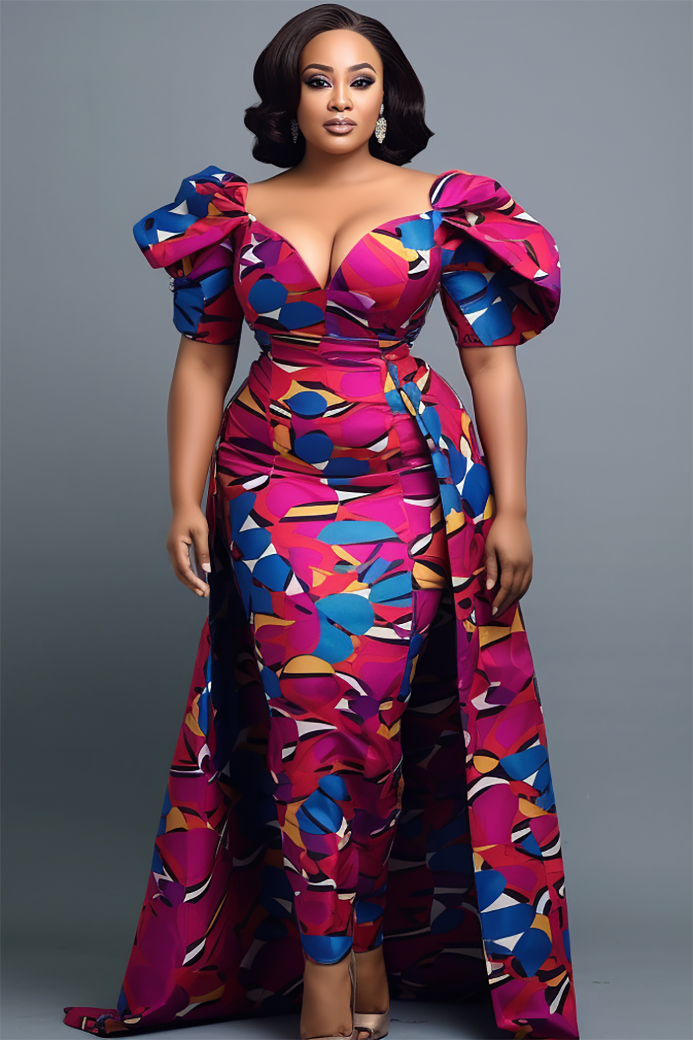 Design Plus Size Mother Of The Bride Elegant Magenta Ankara Puff Sleeve Maxi Dresses [Pre-Order]