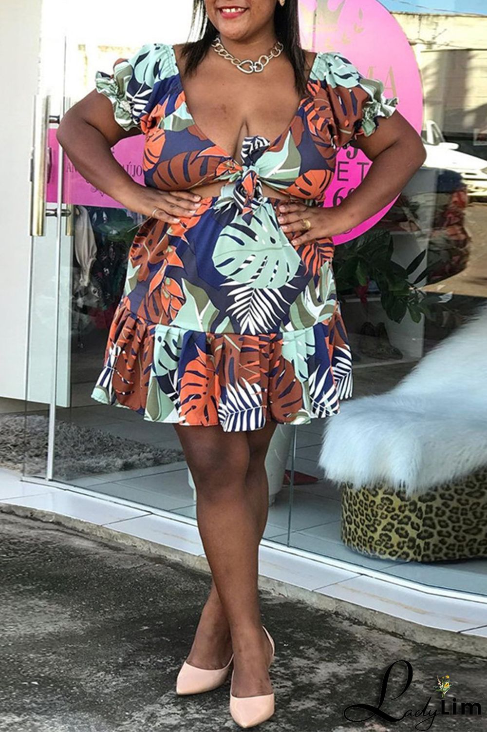 Pink Fashion Sexy Print Bandage V Neck Plus Size Two Pieces