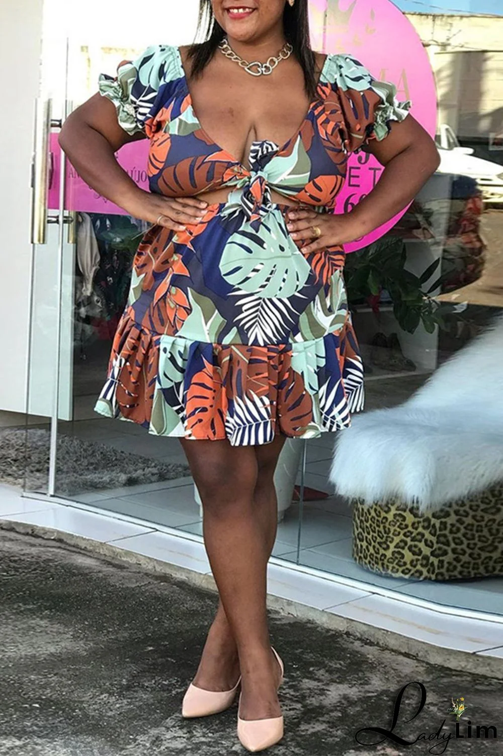 Pink Fashion Sexy Print Bandage V Neck Plus Size Two Pieces