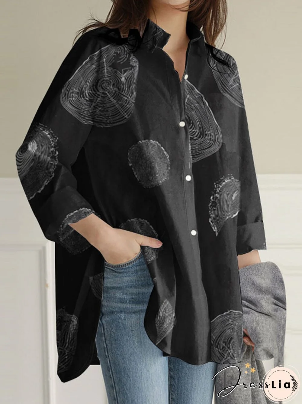 Geometry Print Long Sleeves Casual Loose Blouse With Pockets