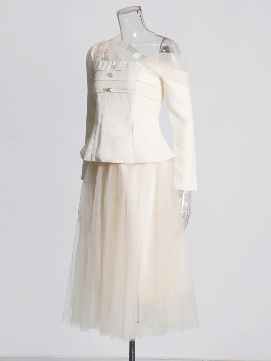 Brownm Fashion Temperament Set Women's Spring 2025 New Net Yarn Stitching Design With Long-Sleeved Body Skirt Suit