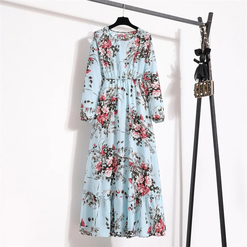 2023 Spring New Fragmented Round Neck Long Sleeve Waist Slim A-line Dress Elegant Women's Chiffon Printing Casual Dress Vestidos