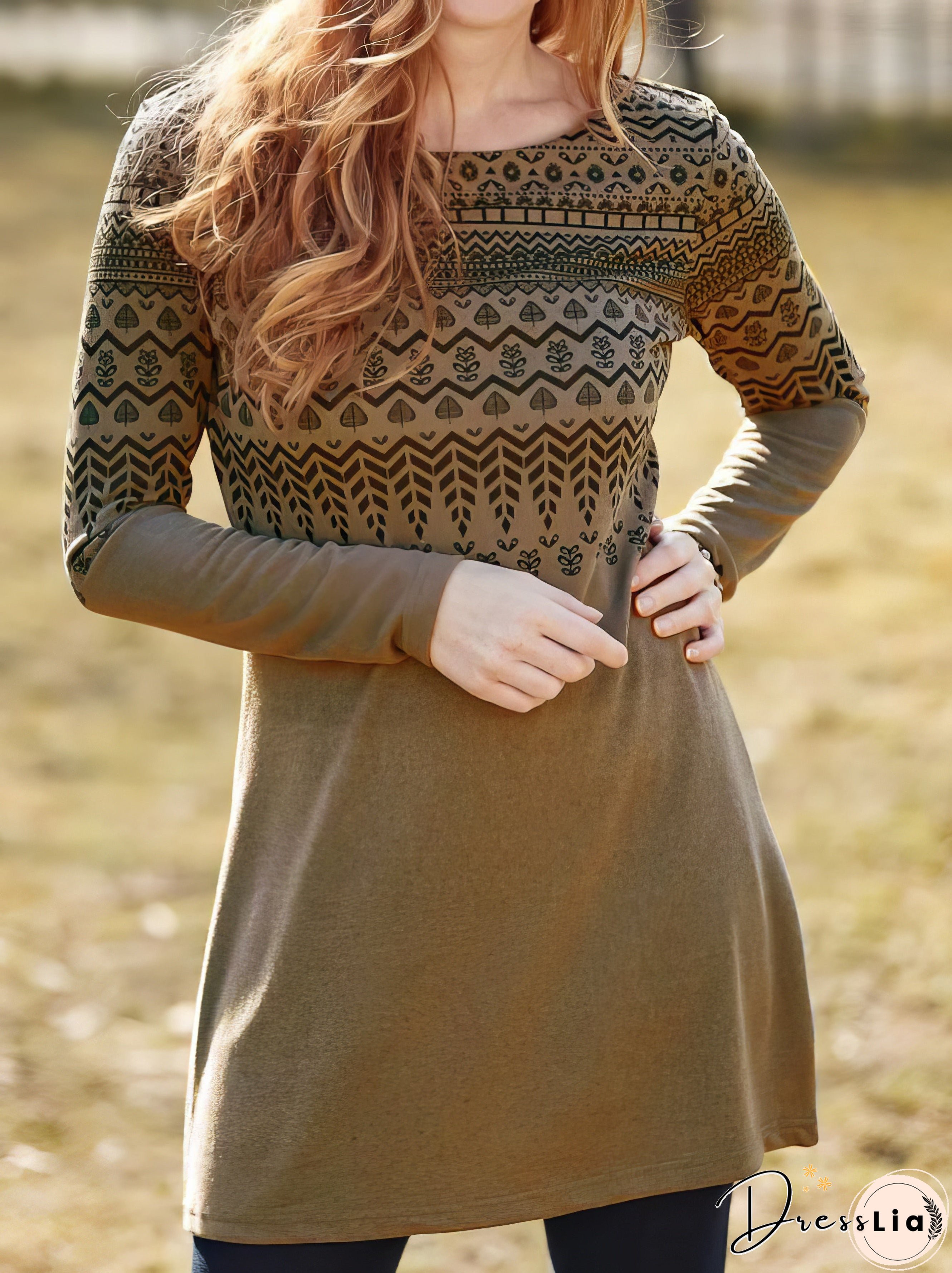 Vintage Printed Round Neck Long Sleeve Dress