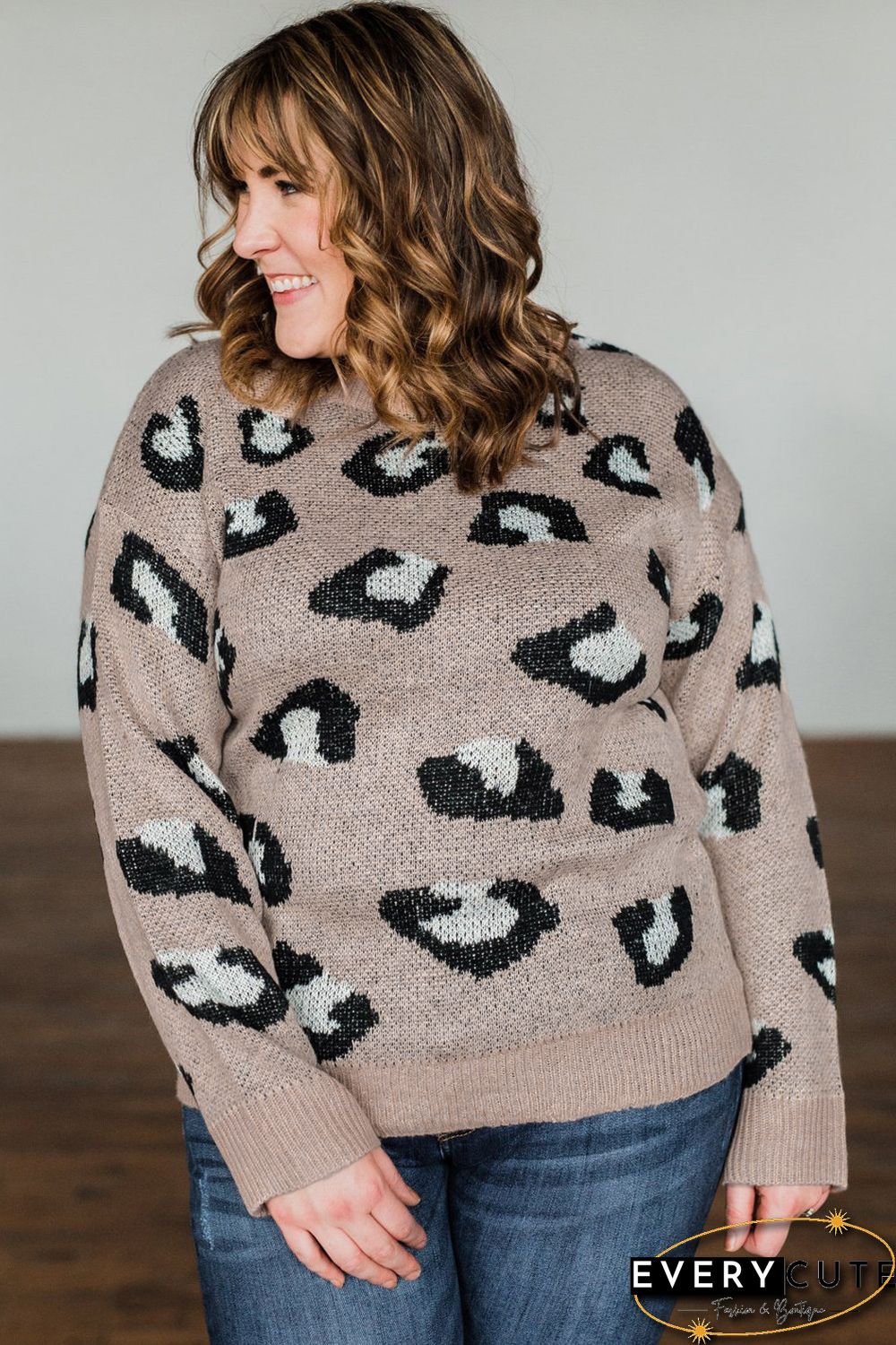 Leopard Crew Neck Knitted Plus Size Sweater