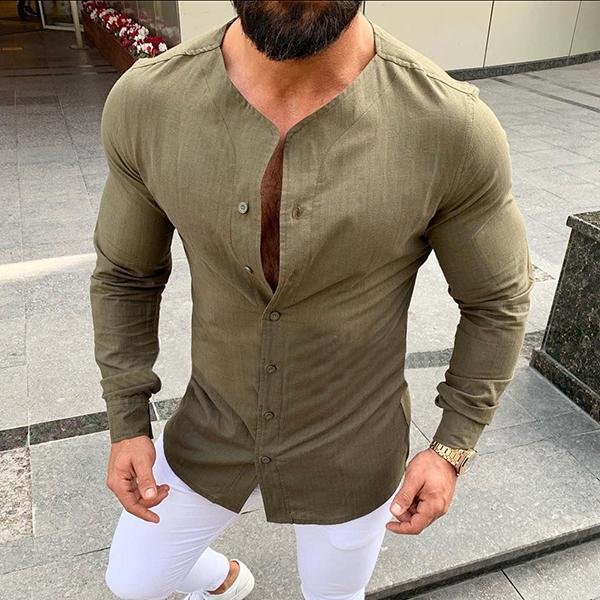 Men's Casual Stand Collar Solid Color Shirt - VSMEE