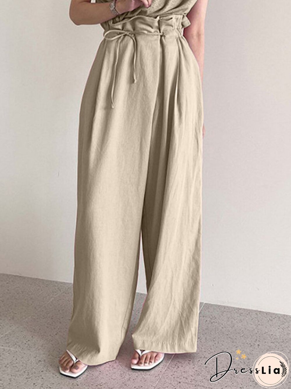 Ruffle Waist Solid Pocket Casual Loose Wide Leg Pants