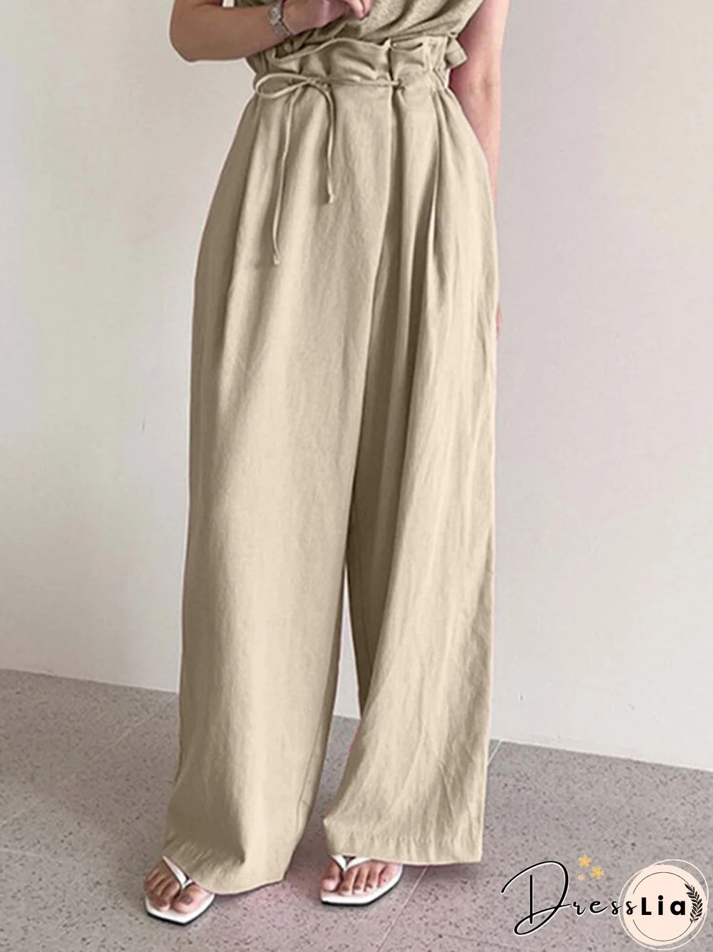 Ruffle Waist Solid Pocket Casual Loose Wide Leg Pants