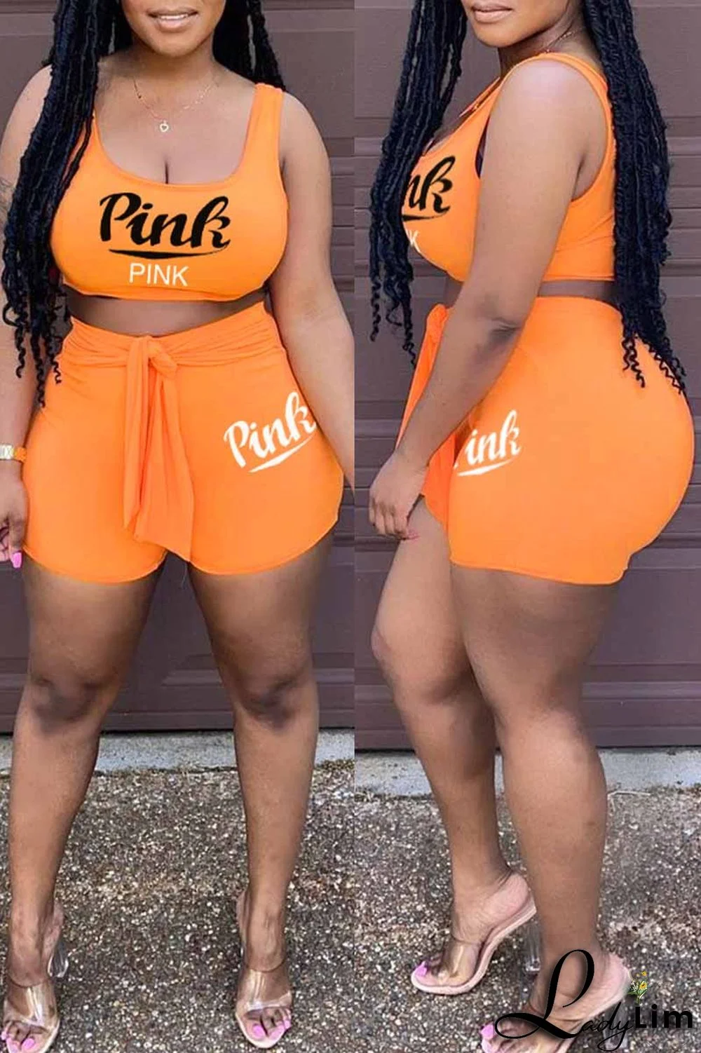 Light Purple Fashion Casual Letter Print Bandage U Neck Sleeveless Two Pieces