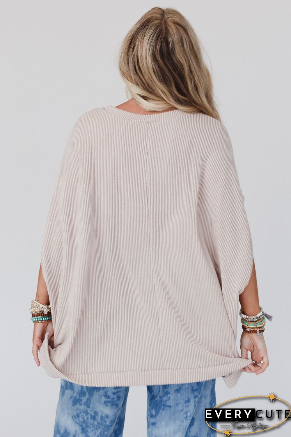 Apricot Ribbed Knit Batwing Sleeve Tunic Oversized T Shirt