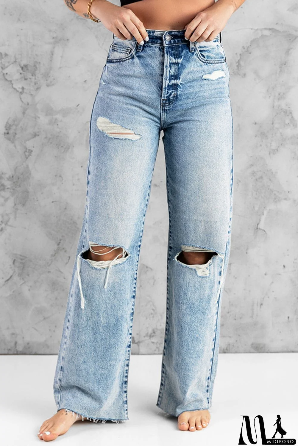 MidiSono - Distressed Hollow-out Knees Wide Leg Jeans