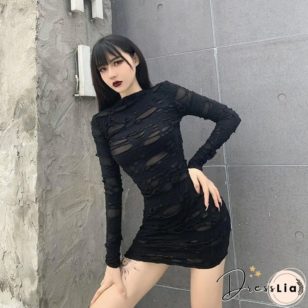 New Gothic Black Mini Dress Streetwear Rock Punk Hollow Retro High Waist Long Sleeve