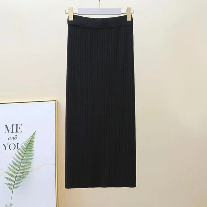 Zoki Winter Women Sweater Skirt New 2021 Knitted Midi Skirts Korean Elastic High Waist Elegant Autumn Split Fork Black Faldas
