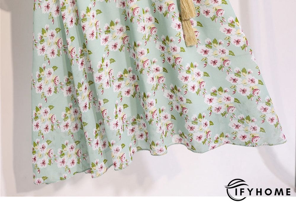 Spring Summer Chiffon Women V-Neck Floral Print Short Dresses Sweet Ruffle Sleeeve Slim Drawstring Ladies Dress | IFYHOME