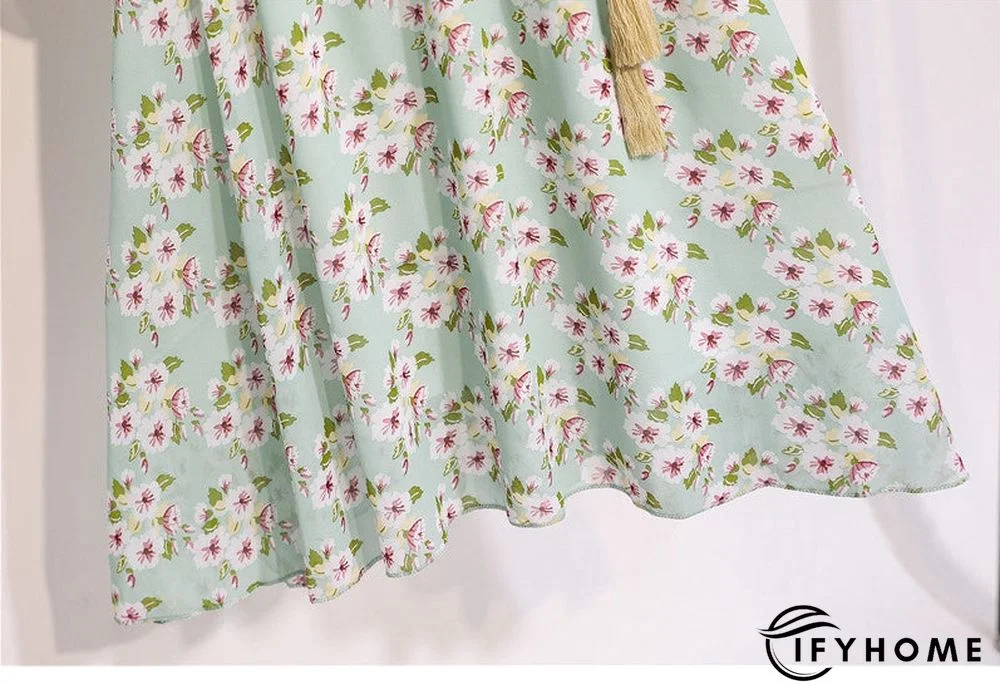 Spring Summer Chiffon Women V-Neck Floral Print Short Dresses Sweet Ruffle Sleeeve Slim Drawstring Ladies Dress | IFYHOME