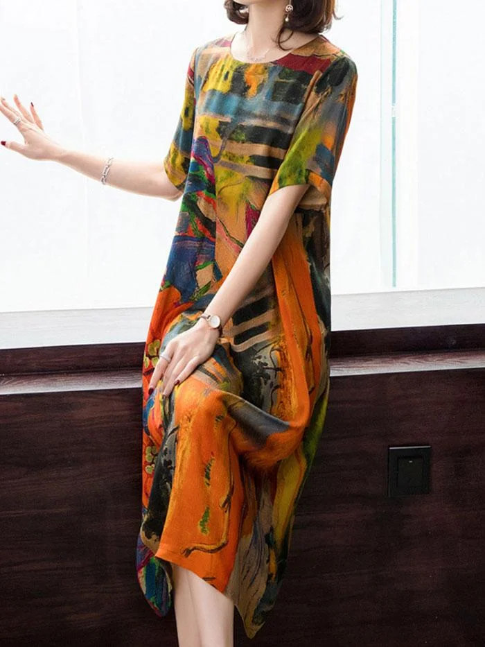 Women's new retro style color imitation silk dress