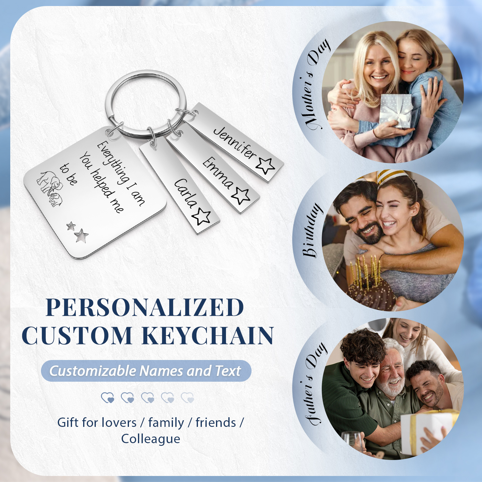 Personalised 3 Names & 1 Text Keychain Elephant Family Keychain Gifts for Father/Mother/Grandma/Grandpa-Jessemade AU