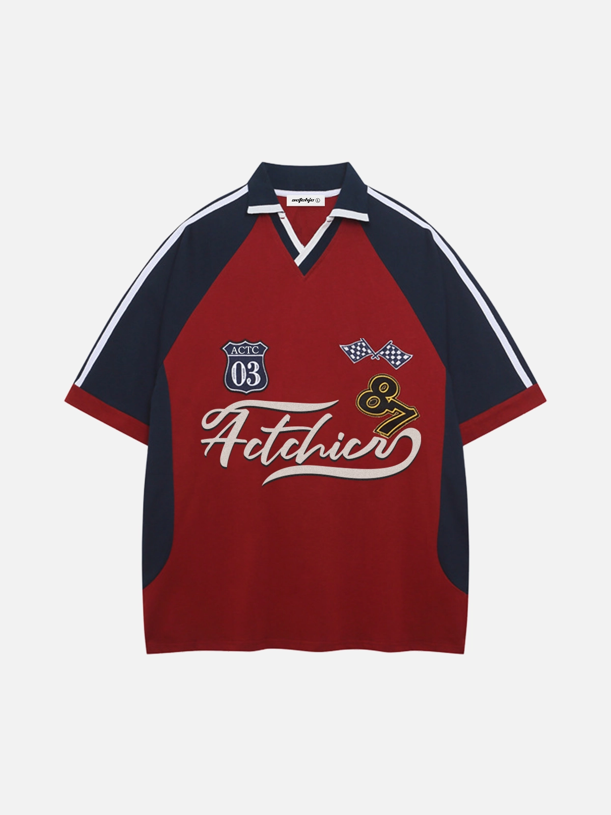 Red Act Chic Color-Block Letter Embroidery Polo Tee Front