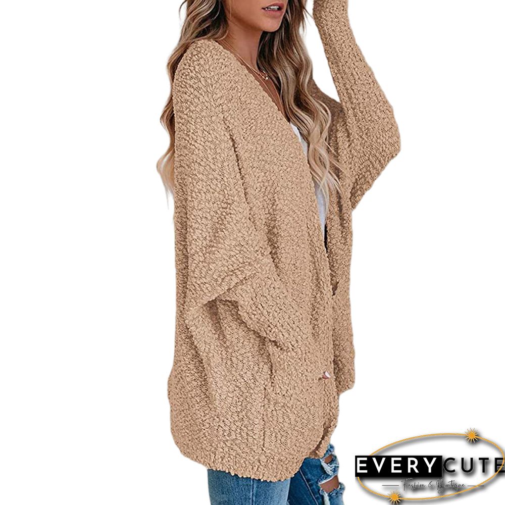 Khaki Front Open Bat Sleeve Pocketed Cardigan