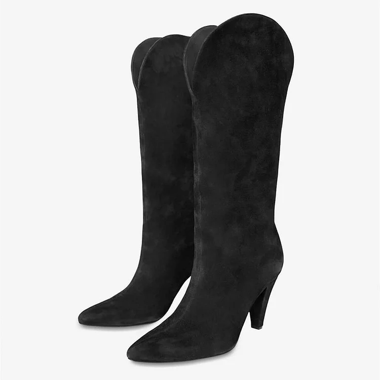 Black Vegan Suede Fashion Boots Cone Heels Mid Calf Boots |FSJ Shoes