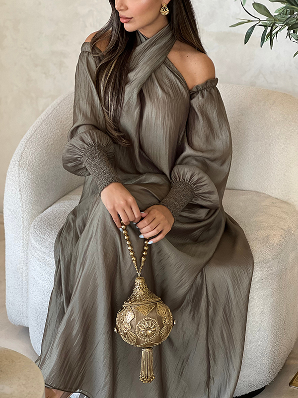 Solid Color Lapel Elastic Cuffs Loose Maxi Dress