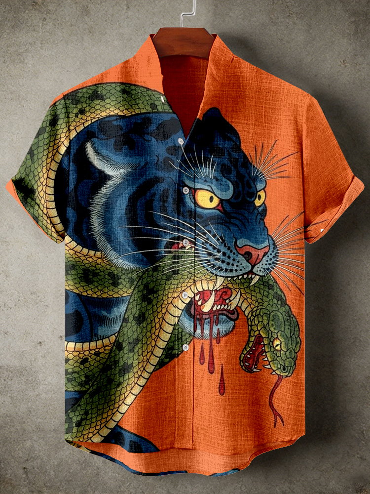 Vintage Japanese Tiger & Snake Art Linen Shirt  artssus