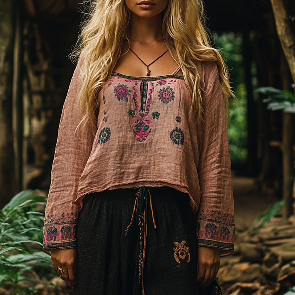 Women's Bohemian Vacation Retro Embroidered Printed Casual Long Sleeve Top
