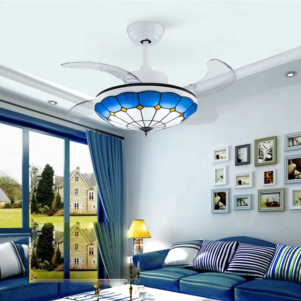 LED Mediterranean Sea Iron Glass ABS Blue Pendant Fan LED Lamp.Pendant Lights.LED Pendant Light.Pendant Lamp For Foyer