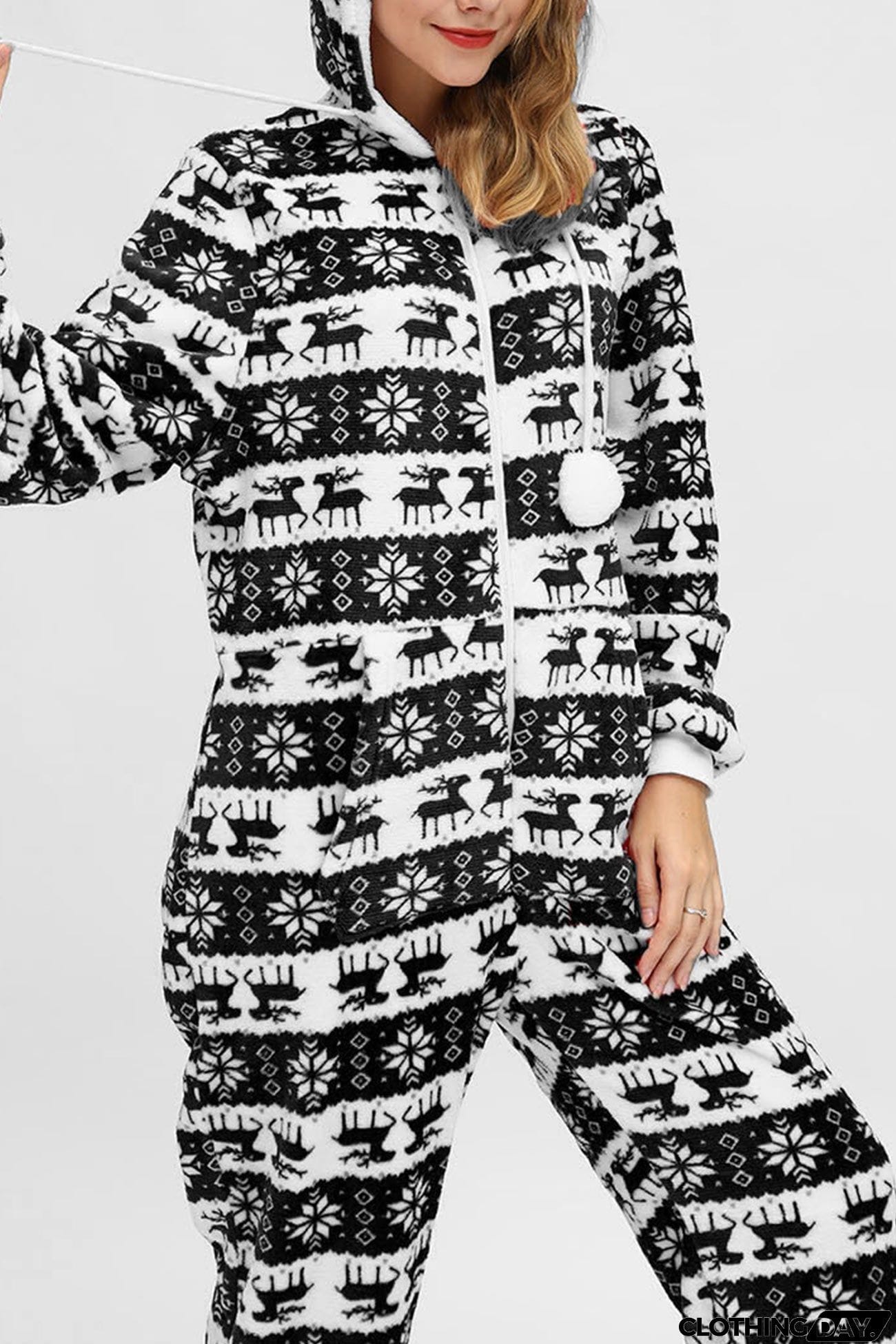 Christmas Printed Zipper Hooded Jumpsuits
