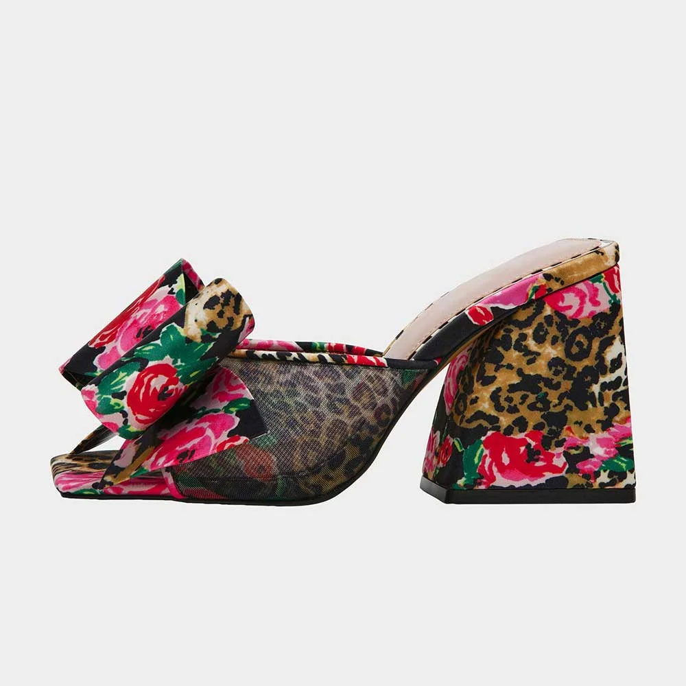 Multicolor Square Toe Chunky Heel Floral Leopard Print Bow Mules Shoes