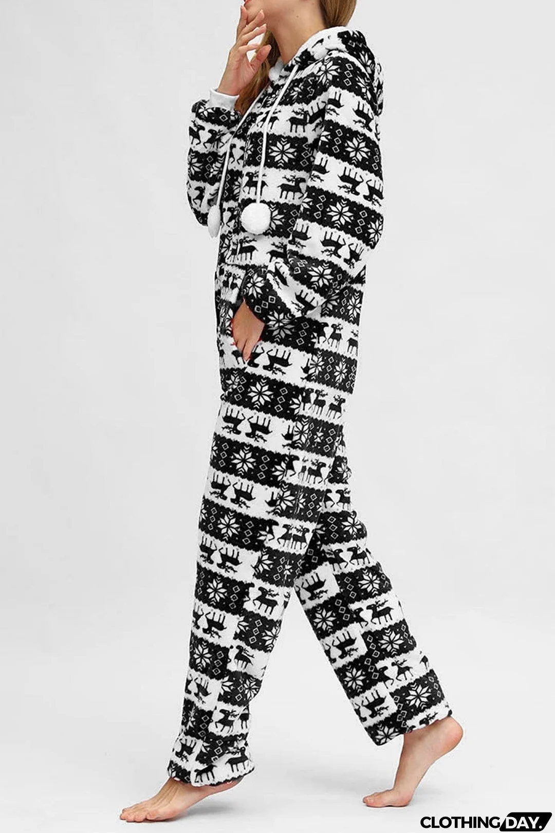 Christmas Printed Zipper Hooded Jumpsuits