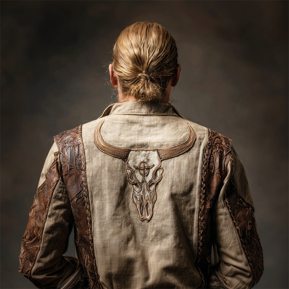 Western Style Bull Skull Leather Patchwork Art Men's Jacket