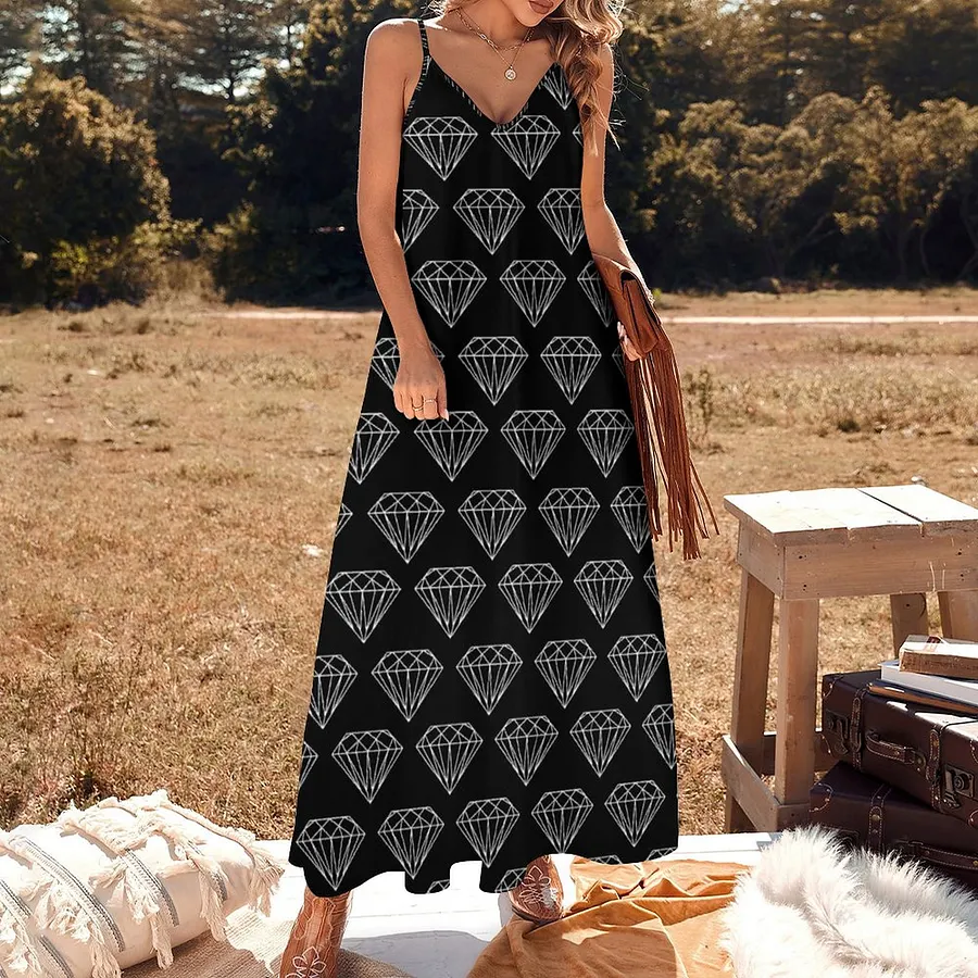 Black White Diamond Gemstone Jewel Women's Casual Strappy V Neck Sleeveless Flowy Loose Long Maxi Beach Dress Sundress Black & White-4XL