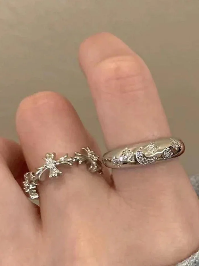 Brownm Vintage 2 Pieces Shiny Cross Moon Star Pattern Cuff Ring