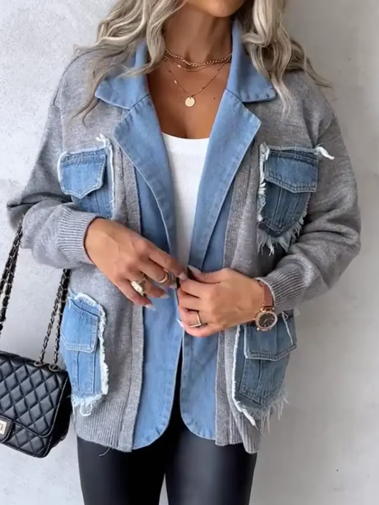 Women's Casual Knit Patchwork Denim Cotton Jacket