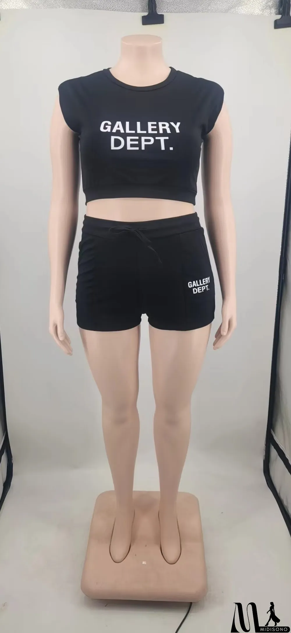 MidiSono - Plus Size Ladies Solid Letter Printed Shoulder Pads Top and Shorts Two Piece Set