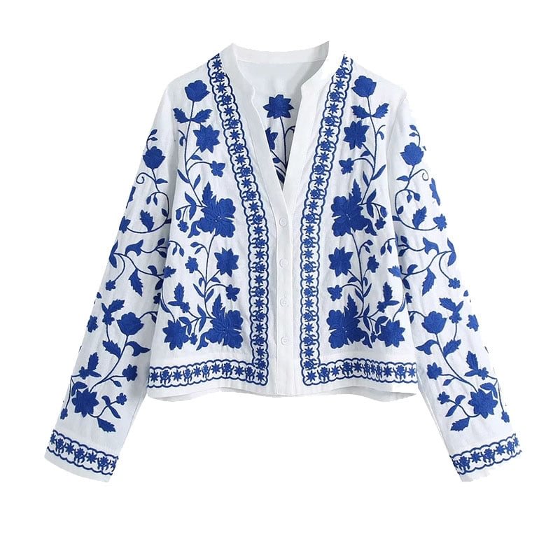 KPYTOMOA Women 2021 Fashion Floral Embroidery Loose Blouses Vintage Long Sleeve Button-up Female Shirts Blusas Chic Tops