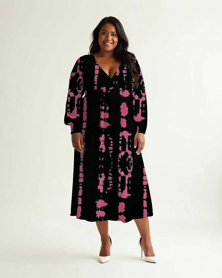 Plus Size Women's Tie-dye Print Long Sleeve V Neck Dress