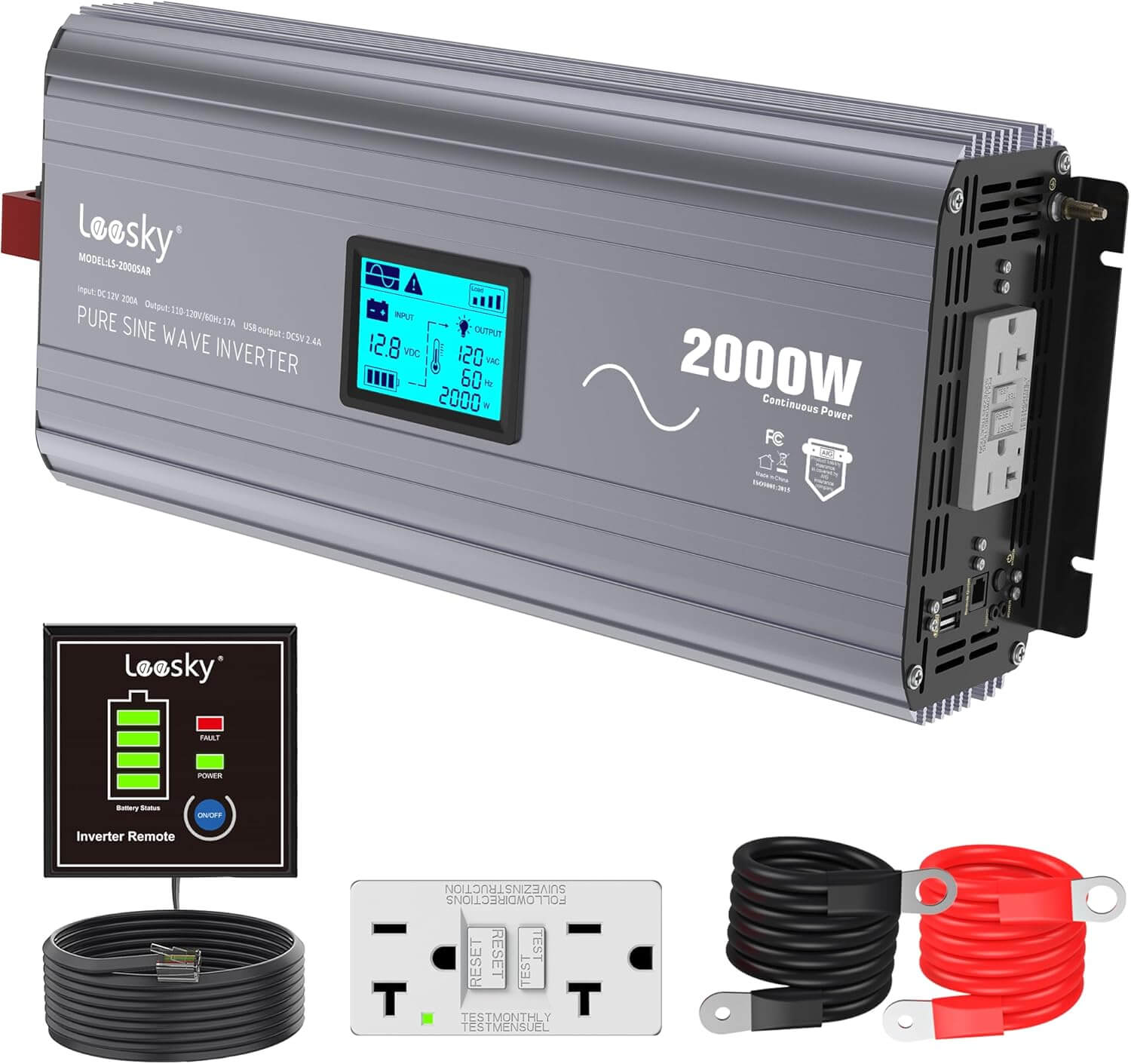  LEESKY 2000W Pure Sine Wave Power Inverter 12V DC to 110V 120V AC  GFCI