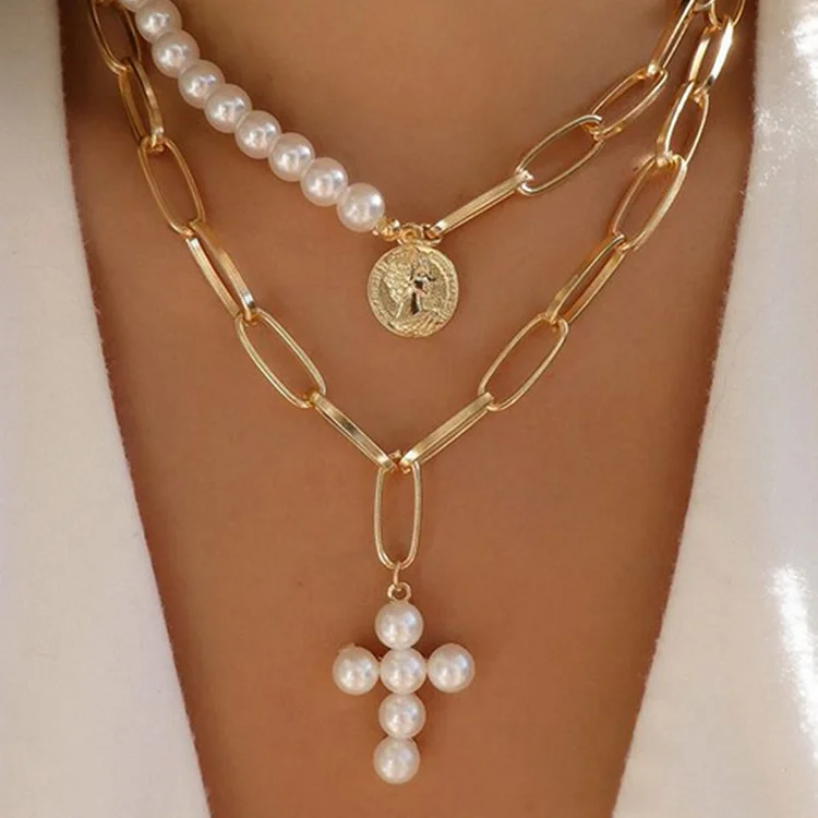 Collar de eslabones de 2 capas con perla para ella
