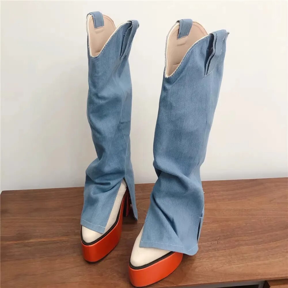 VCshoes Women Denim Boots Woman High Thick Heels Pumps Lady Girl Knight Punk Gothic Long Boots Shoes Pointed Toe 45