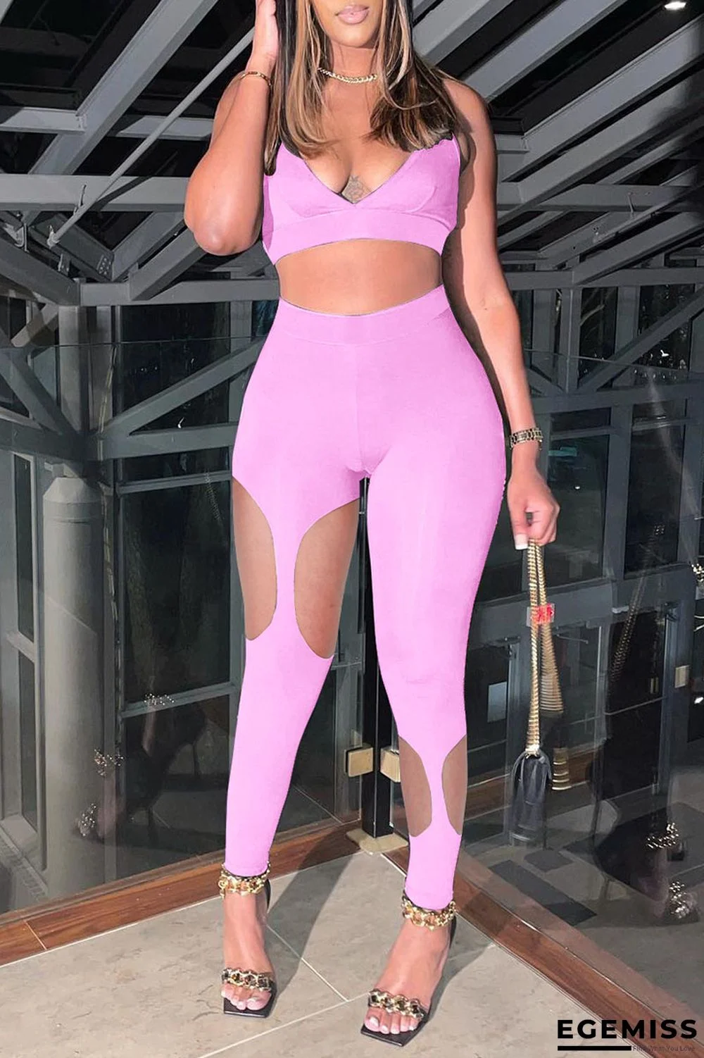 Pink Sexy Solid Hollowed Out Patchwork V Neck Two Pieces | EGEMISS