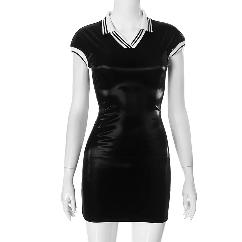 Uveng Uveng Women's Autumn And Winter Collar Bump Color Splicing Bright Face Tight Waist Bagged Hip Dress