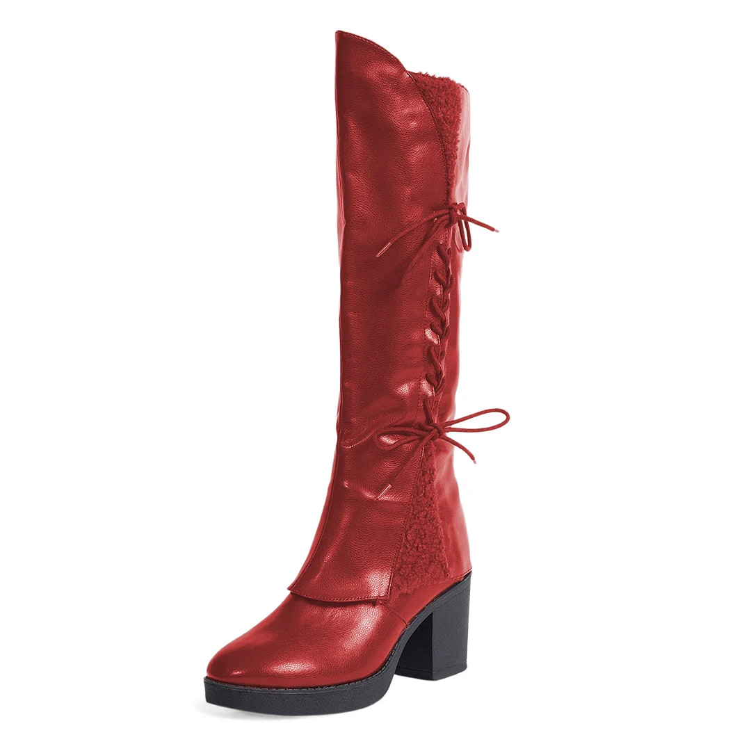 Red Vegan Leather Pull-On Round Toe Lace-Up Knee High Heel Boots