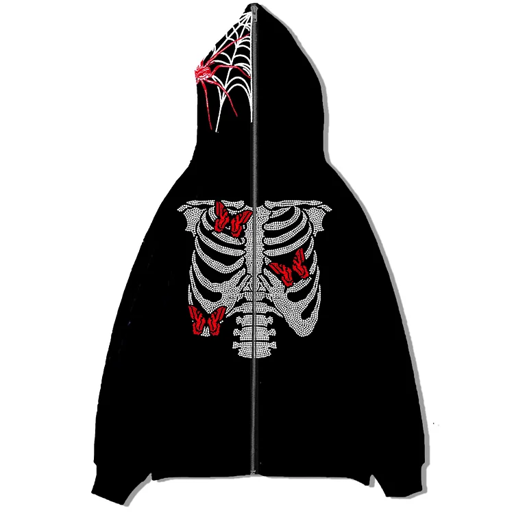 Gothic Skull Print Full Zip Sweatshirt Retro Hoodie at Hiphopee