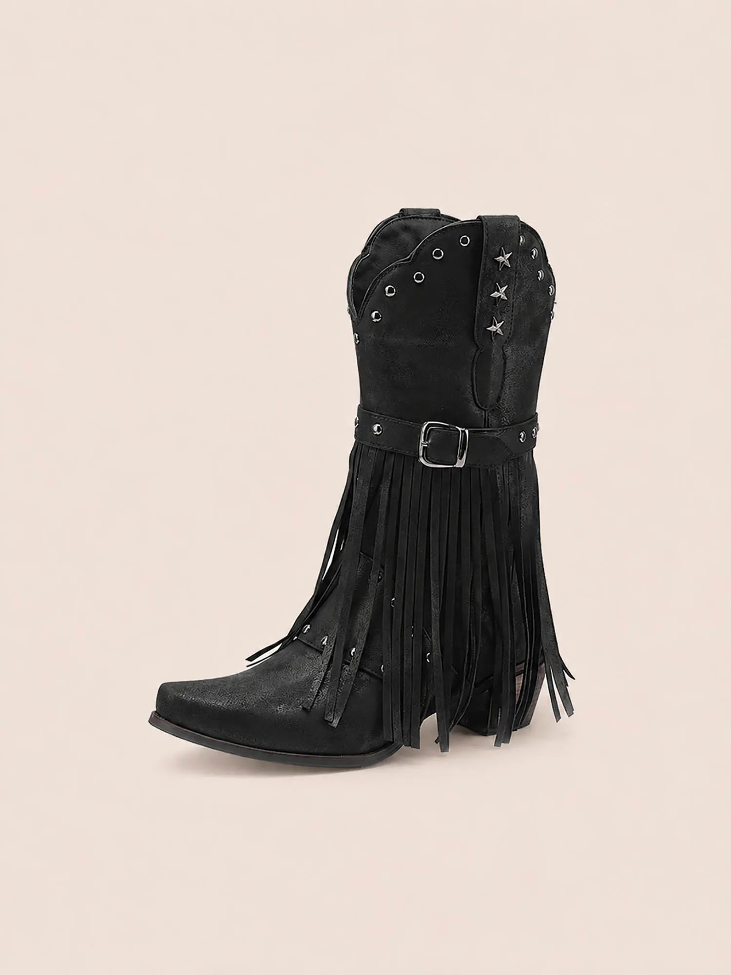 Women Western Cowboy Mid‑Calf Boots, Tassel Studded Belt Buckle Boots, Fashion Fall Winter Ladies Boots