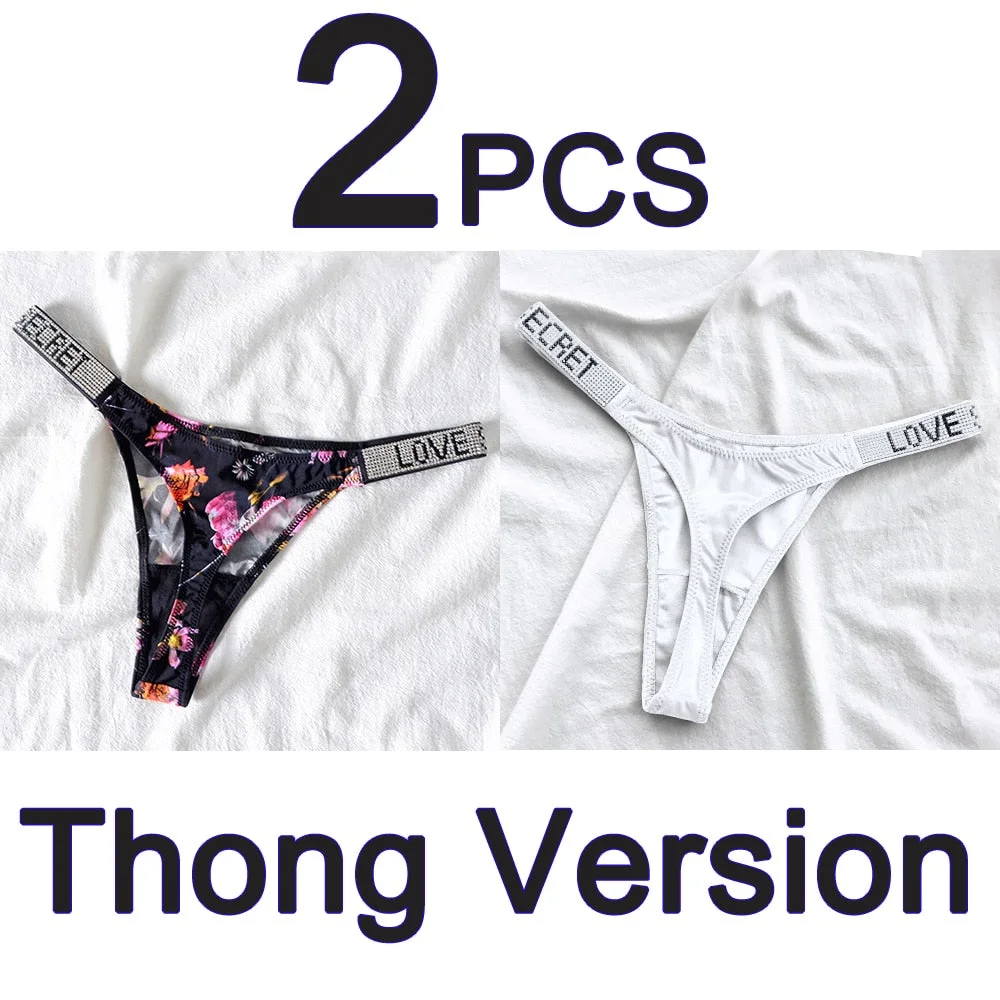 2PCS Sexy Low Waist Panties G String Comfort Satin Underwear Women Rhinestone High Fork Thong Seamless Intimates Lingerie Cotton
